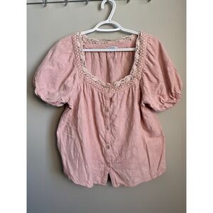 Polagram Pink Crochet Lace Trim Puff Sleeve Button Front Textured Blouse L Boho